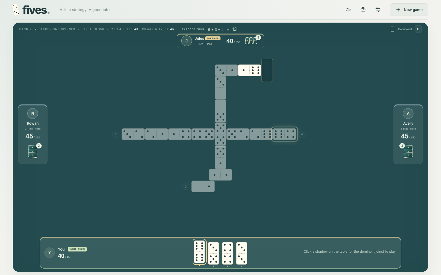 Fives domino game interface showing active match with four players, board layout and dominoes